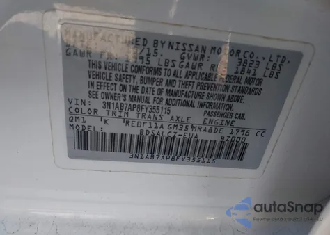 2015 Nissan Sentra S z USA, uszkodzony, nr VIN 3N1AB7AP8FY355115